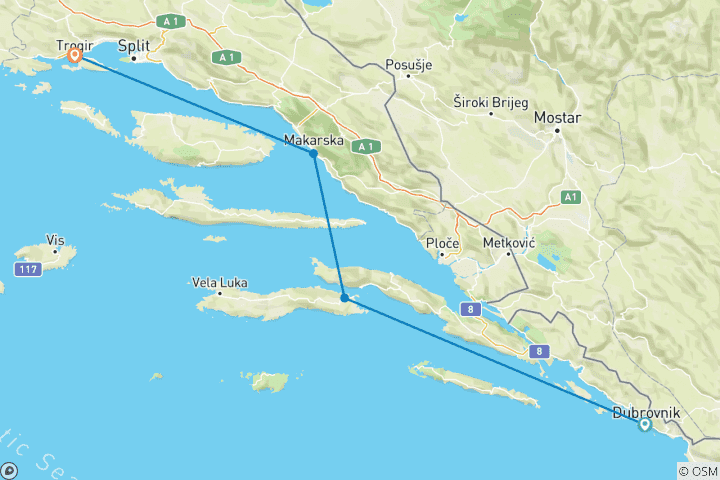 Map of 5-day Dubrovnik to Split, Classic Plus, 18-35s