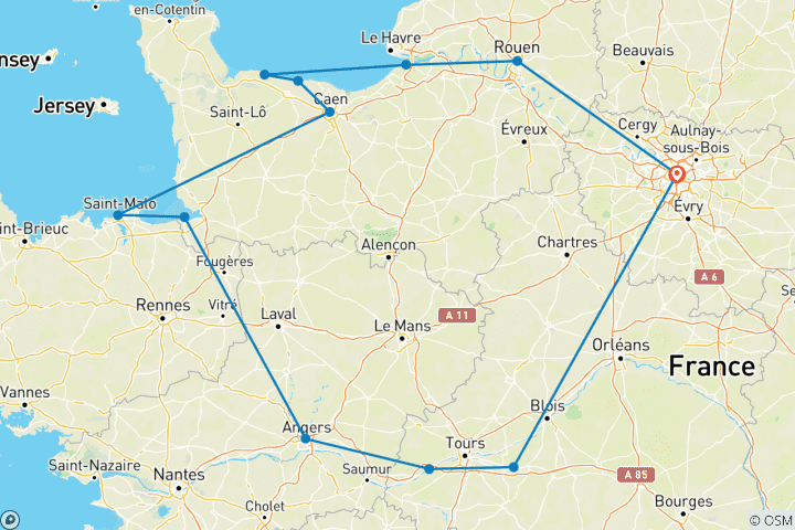 Mapa de 3 días en Normandía: playas del día D, Monte Saint-Michel y castillos del Loira desde París