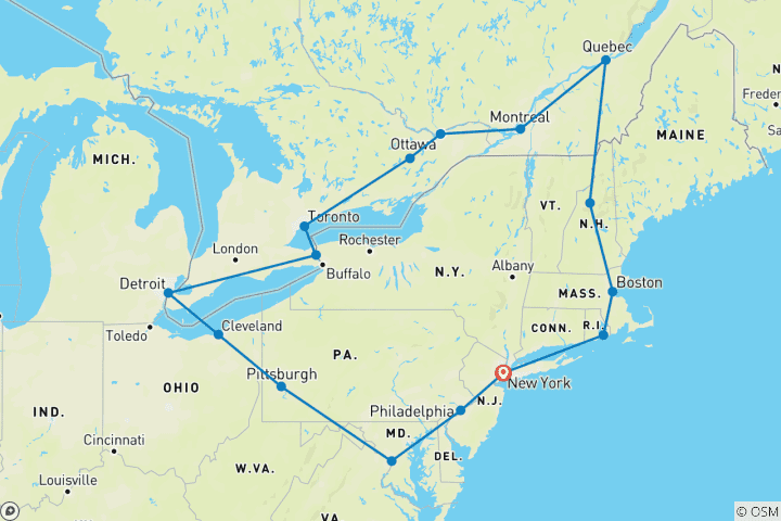 Carte du circuit Escapade dans l'est des Etats-Unis et du Canada (16 destinations)