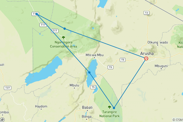 Map of Affordable Budget Camping - 7 days Wildlife Safari.