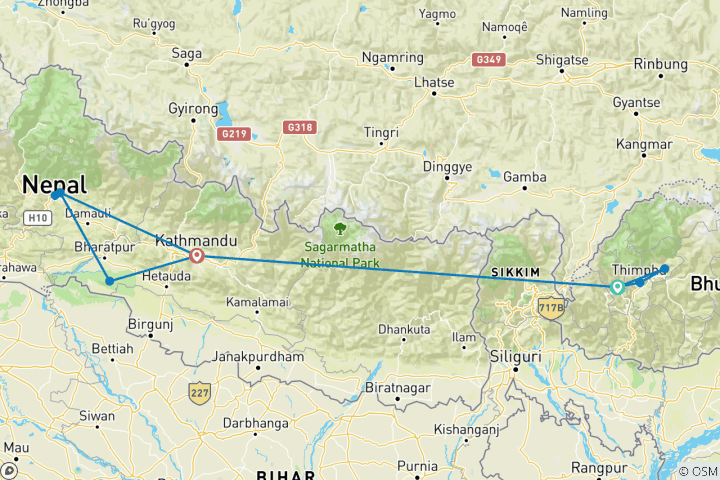 Carte du circuit Points forts du Bhoutan et du Népal - 15 jours