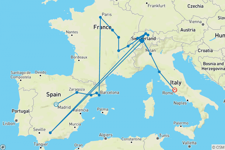 Kaart van Europese wonderen (24 bestemmingen)