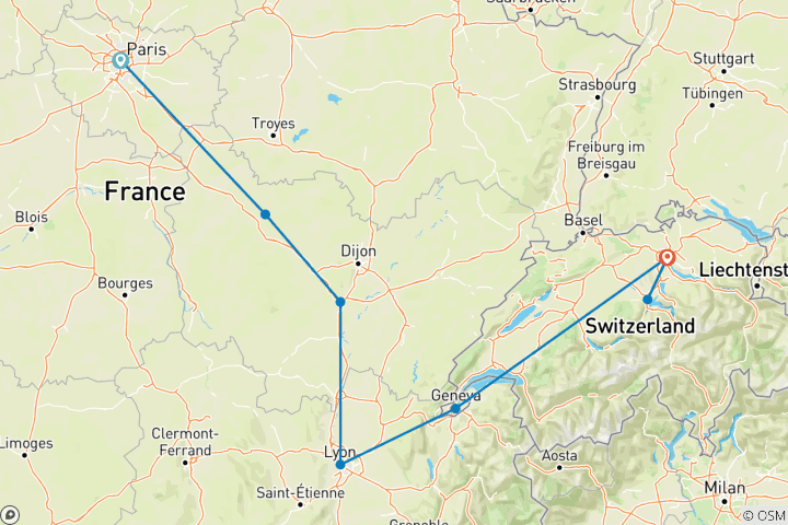 Carte du circuit Esprit français et suisse (8 destinations)