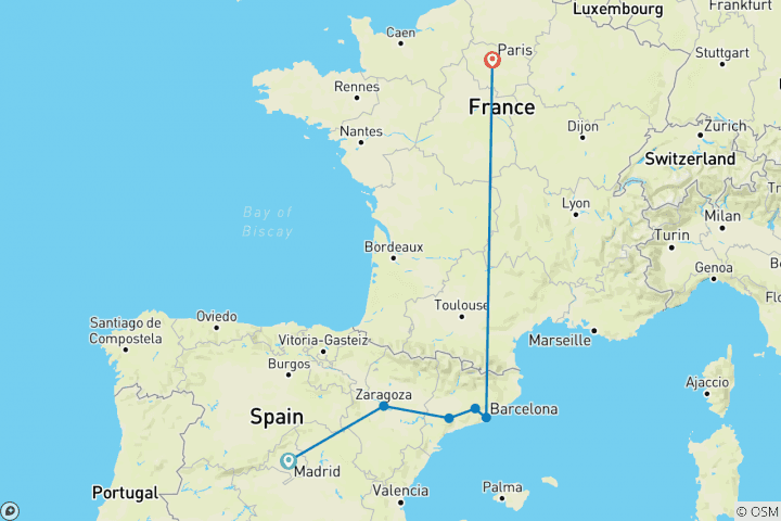 Map of From Madrid to Paris (6 destinations)