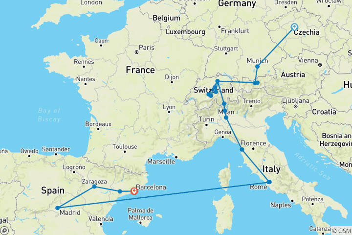 Carte du circuit L'Europe majestueuse et l'Espagne magique (21 destinations)