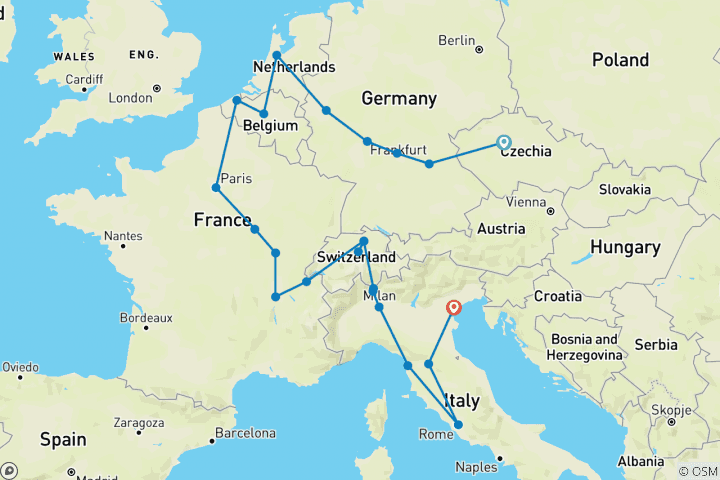 Kaart van Levendig Europa (23 bestemmingen)