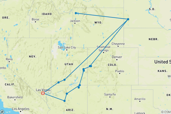Carte du circuit A la découverte des parcs nationaux américains