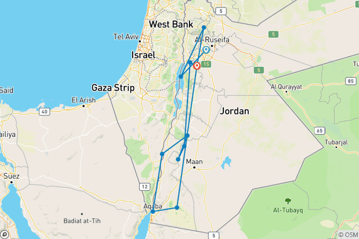Carte du circuit Cyclisme en Jordanie : Petra, Wadi Rum et la mer Morte (12 destinations)