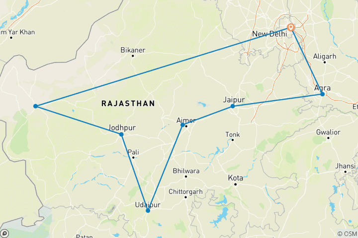 Carte du circuit Le vrai Rajasthan (including New Delhi)