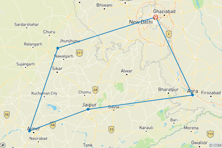 Map of Golden Triangle India Tour with Pushkar & Mandawa