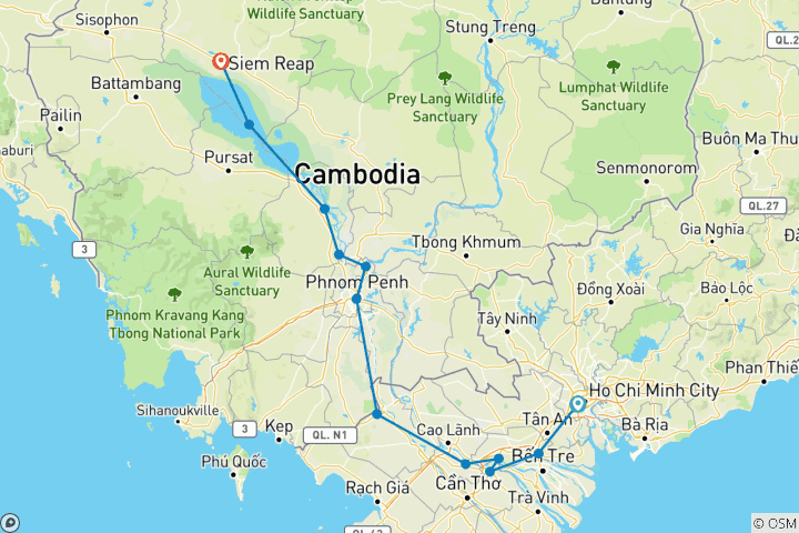 Carte du circuit Du delta du Mékong aux temples d'Angkor (croisière de port à port) (from Hô Chi Minh-Ville<br />
 to Siem Reap)