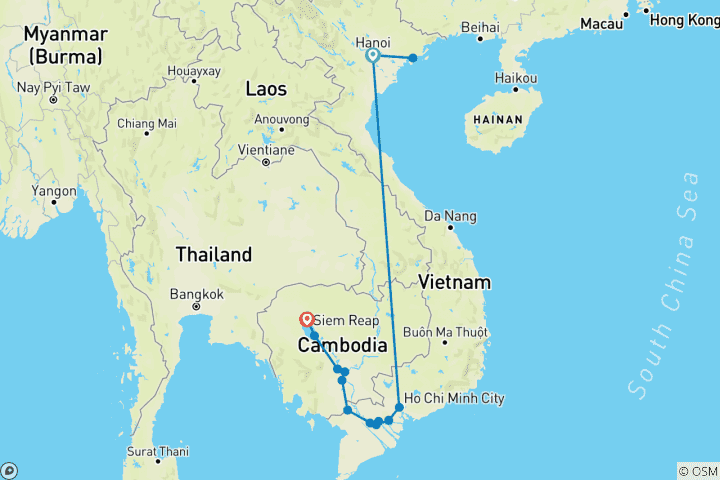 Carte du circuit Du delta du Mékong aux temples d'Angkor, à Hanoi et à la baie d'Halong - croisière de port à port (16 destinations)