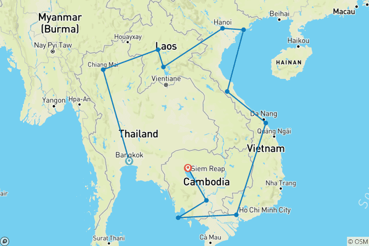 Carte du circuit Aventure de 31 jours en Asie du Sud-Est : Thaïlande, Laos, Vietnam et Cambodge