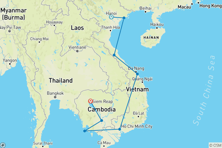 Map of Vietnam and Cambodia: Hanoi to Bangkok in 20 Days