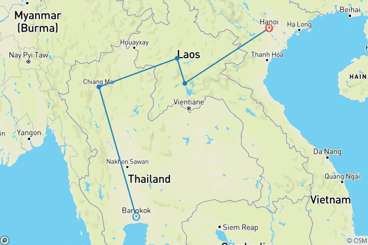 Mapa de 14 días de Tailandia a Laos: Bangkok, Chiang Mai, Luang Prabang y Hanói