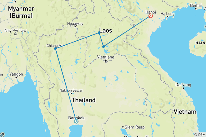 Map of 14-Day Thailand to Laos: Bangkok, Chiang Mai, Luang Prabang & Hanoi