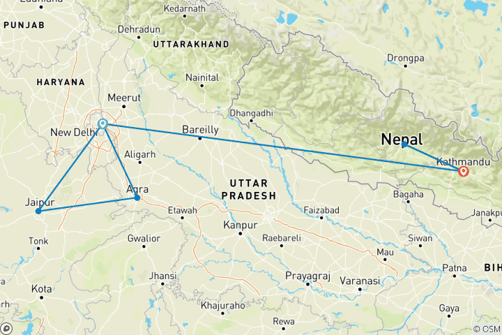 Map of India and Nepal Tour