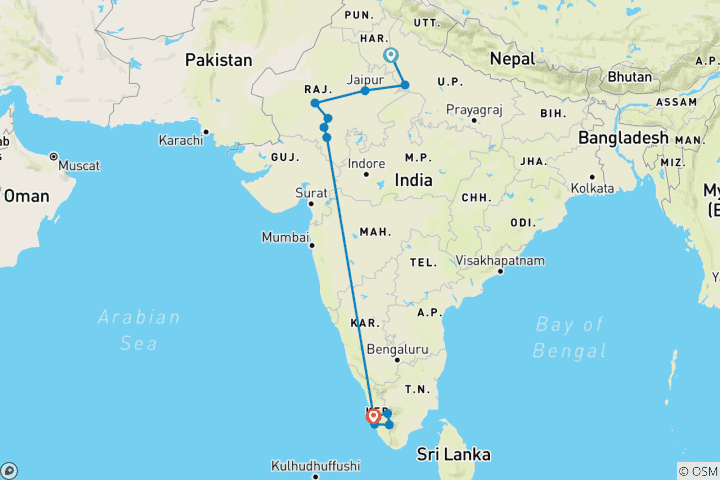 Carte du circuit Le patrimoine du Rajasthan et la magie du Kerala - Inde du Nord et du Sud