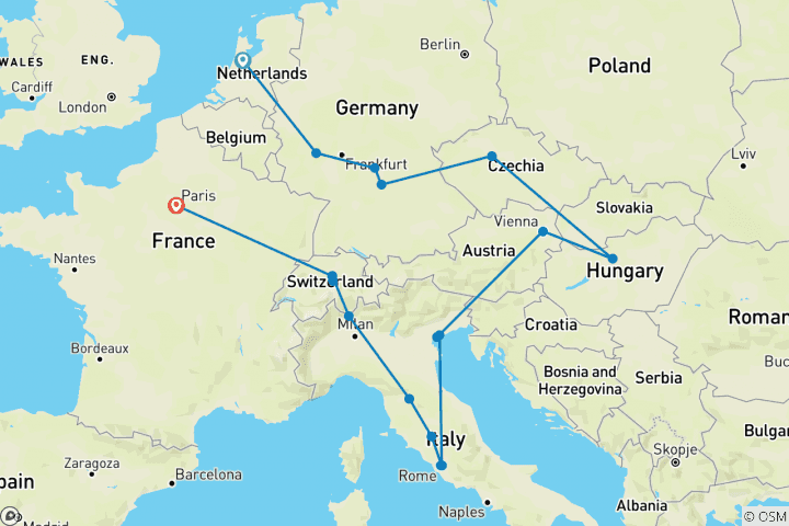 Map of Romantic European (Classic, Start Amsterdam, End Paris, 18 Days)