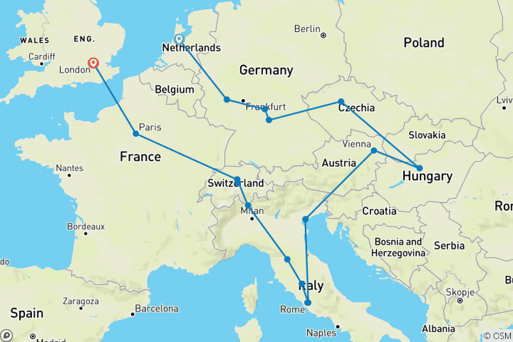 Map of Romantic European (Classic, Start Amsterdam, End London, 18 Days)