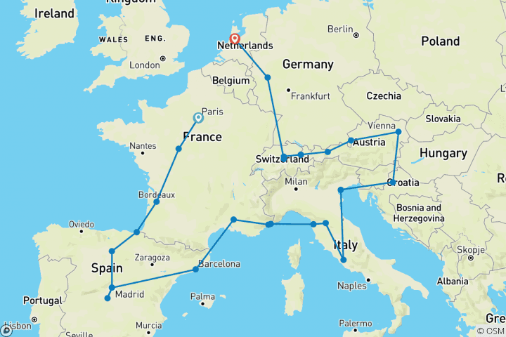 Mapa de Grandeza de Europa - clásico, inicia en París, acaba en Ámsterdam, 26 días