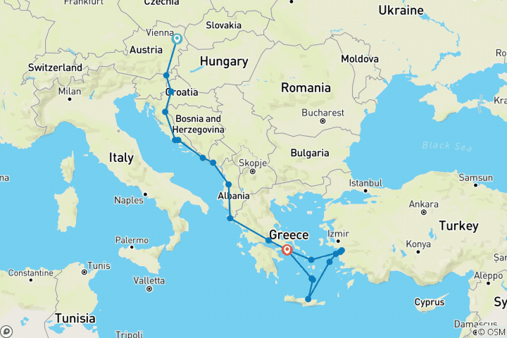 Map of The Eastern Discovery (17 Days) (from Vienna to Athens)