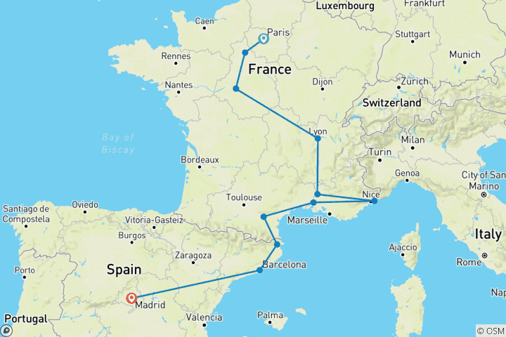 Map of Highlights of France and Barcelona (End Madrid, Madrid Extension, 12 Days)