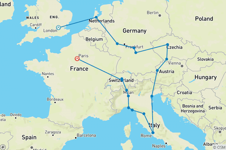 Mapa de Descubriendo Europa - clásico, inicia en Londres, acaba en París, 17 días