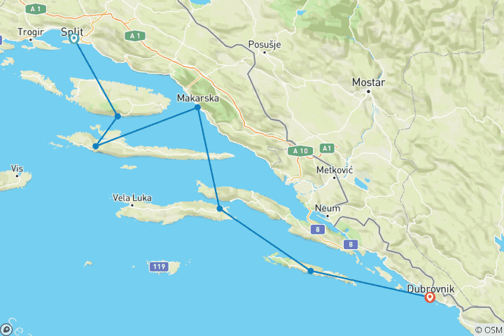 Karte von Segeln in Kroatien - Von Split nach Dubrovnik (Die südliche Entdeckung)