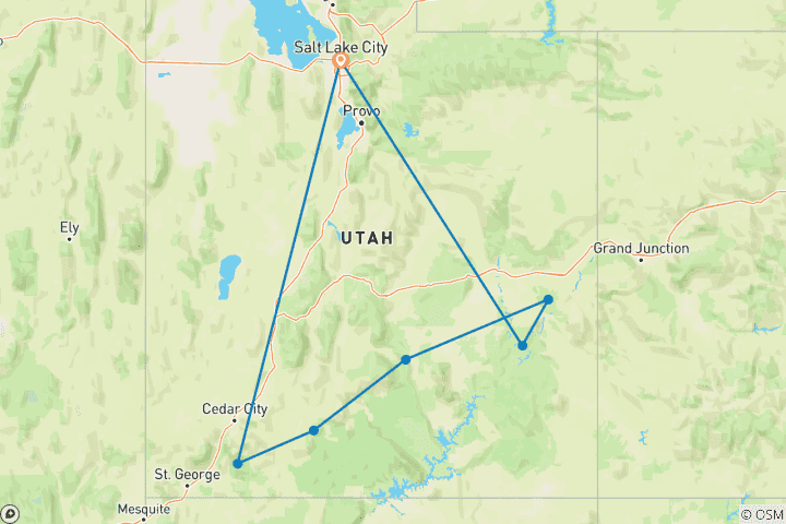 Map of 5 Utah National Parks in 5 Days Lodging Tour