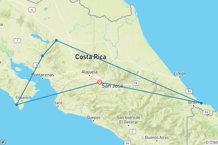 Map of Basic Costa Rica: Coastlines & Cloud Forests