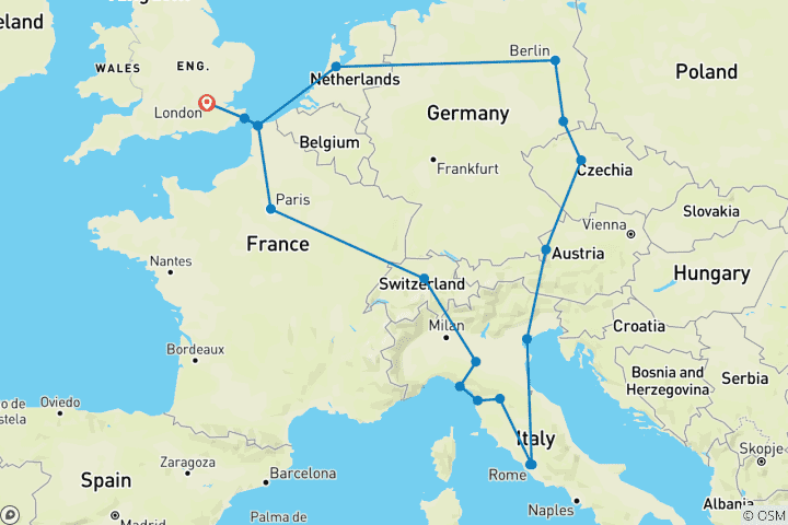 Map of European Encounter (Winter, Start London, Classic, 16 Days)