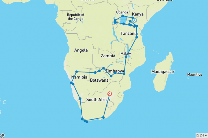 Map of Nairobi To Johannesburg (93 Days)