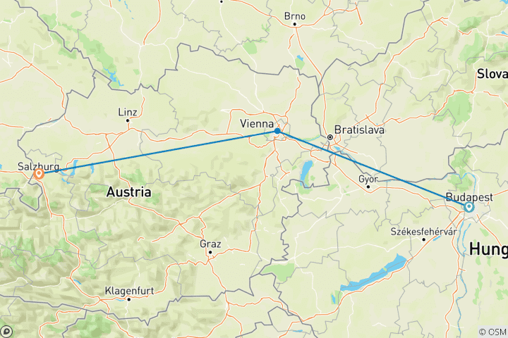 Map of Budapest - Vienna - Salzburg