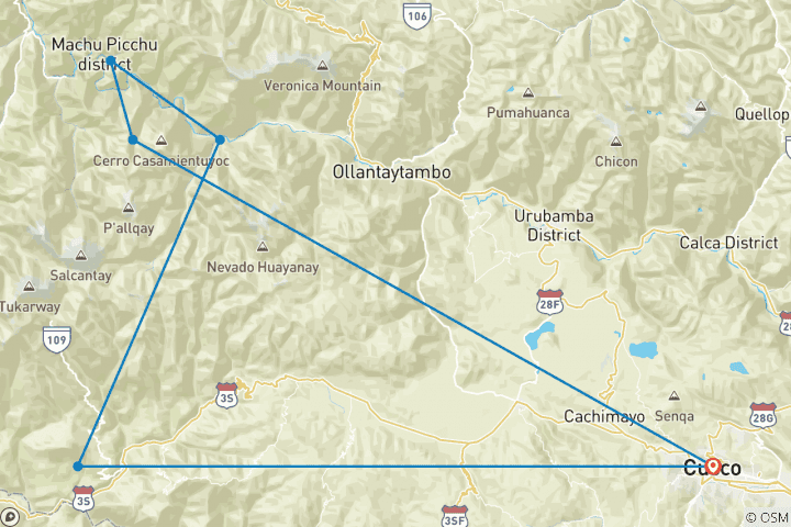 Map of Salkantay Trek to Machu Picchu 5days / 4 nights