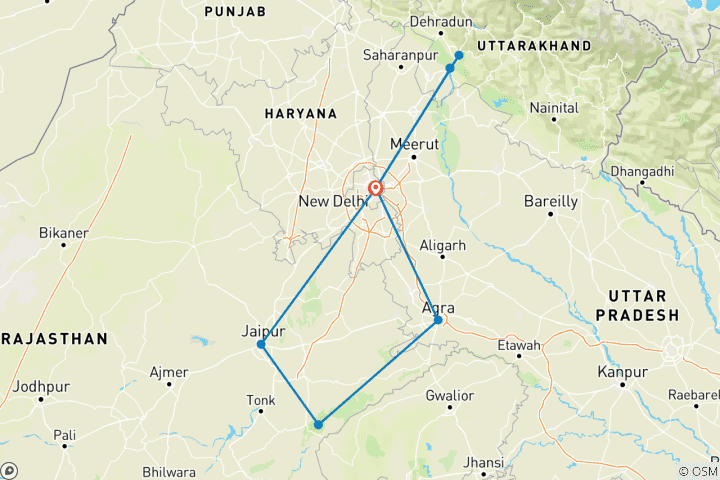 Mapa de Triángulo de Oro con Ranthambore - Safari en la selva - y Rishikesh Espiritual