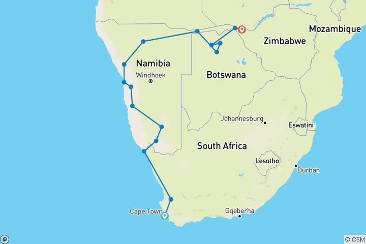 Map of Cape Town to Victoria Falls - Camping & Accommodated 2025