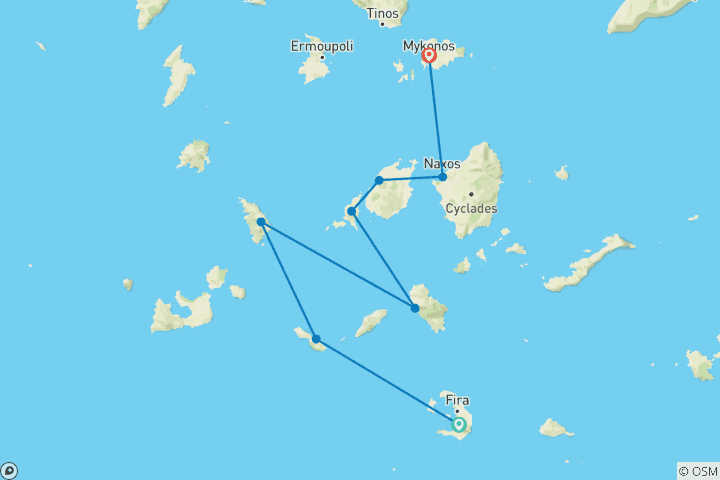 Map of Sailing Greece - Santorini to Mykonos