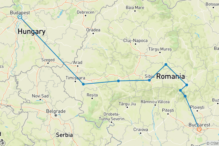 Map of 4 Days Transylvania Tour from Budapest to Bucharest