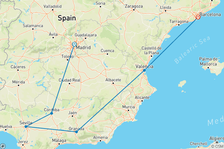 Carte du circuit Circuit de 9 jours De Madrid à Barcelone en passant par l'Andalousie et la côte méditerranéenne