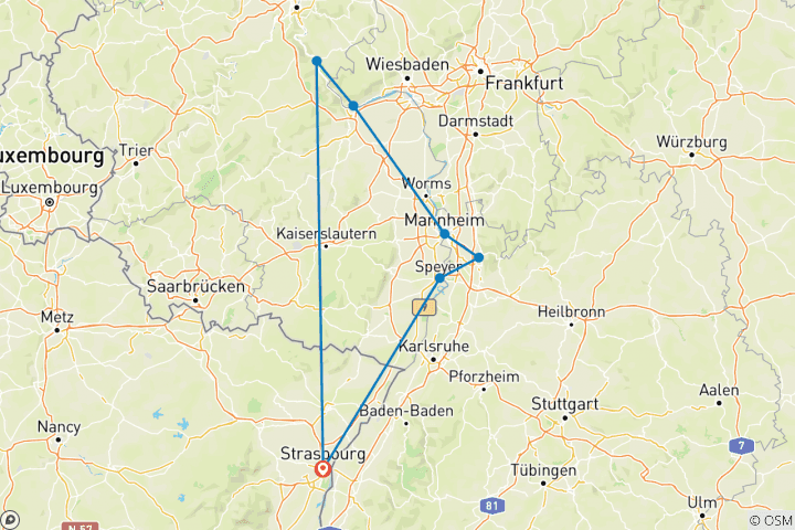 Map of New Year on the Rhine: The romantic Rhine and its castles (port-to-port cruise) - MODIGLIANI (including Heidelberg)