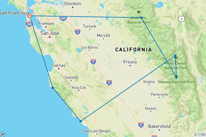 Carte du circuit Yosemite, Sequoia et côte californienne