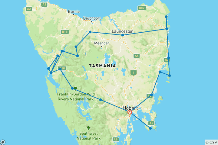 Kaart van Super 7 - een zevendaagse rondreis door Tasmanië