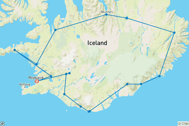 Carte du circuit 10 jours de visite guidée | Islande complète