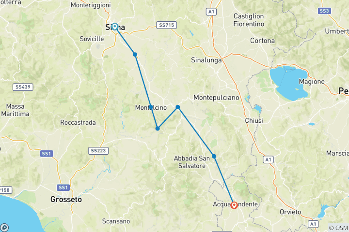 Mapa de Vía Francígena: el sur de la Toscana desde Siena