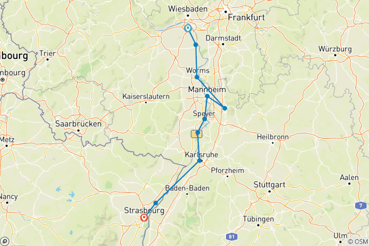 Carte du circuit De Mayence à Strasbourg en vélo et en péniche