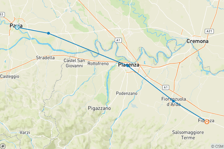 Kaart van Via Francigena: van Pavia naar Fidenza