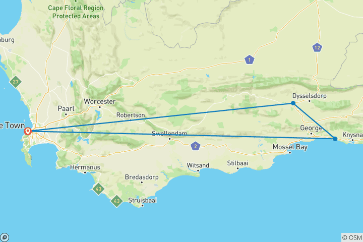 Carte du circuit 2 jours de safari sur la route des jardins (aller-retour)