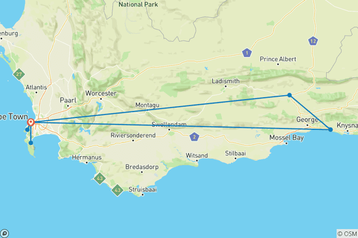 Map of 3 Day Cape Point & Wildlife Safari Tour (Return)