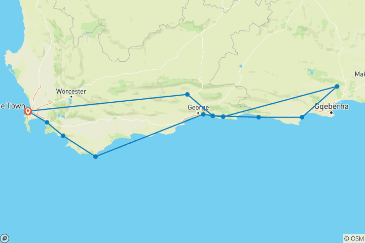 Map of 5 Day Cape to Addo Safari Tour  (Return)